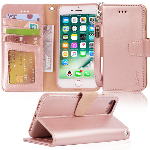 Arae Case for iPhone 7 / iPhone 8, Premium PU Leather Wallet Case with Kickstand and Flip Cover for iPhone 7 (2016)/iPhone 8 (2017) - Rosegold