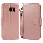 Arae Case Compatible for Samsung Galaxy s7 Edge, [Wrist Strap] Flip Folio [Kickstand Feature] PU Leather Wallet case with ID&Credit Card Pockets (Rosegold)
