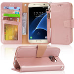 Arae Case Compatible for Samsung Galaxy s7, [Wrist Strap] Flip Folio [Kickstand Feature] PU Leather Wallet case with ID&Credit Card Pockets (Rosegold)