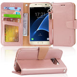 Arae Case Compatible for Samsung Galaxy s7, [Wrist Strap] Flip Folio [Kickstand Feature] PU Leather Wallet case with ID&Credit Card Pockets (Rosegold)
