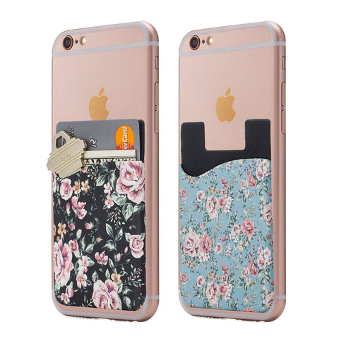 (Two) Floral Cell Phone Stick on Wallet Card Holder Phone Pocket for iPhone, Android and All Smartphones.