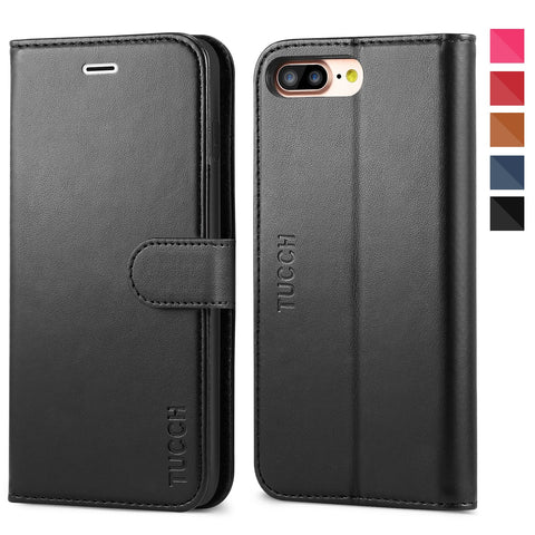 iPhone 8 Plus Wallet Case, iPhone 7 Plus Case, TUCCH Premium PU Leather Flip Folio Case with Card Slot, Stand Holder, Magnetic Closure [TPU Shockproof Interior Case] Compatible iPhone 7/8 Plus, Black