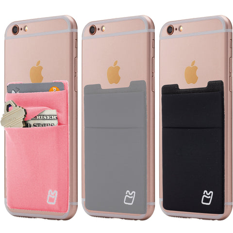 (Three) Stretchy Cell Phone Stick on Wallet Card Holder Phone Pocket for iPhone, Android and All Smartphones. (Pink&Grey&Black)