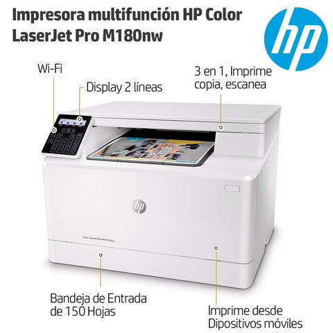 HP LaserJet Pro M180nw, CODIGO: #T6B74A, FUNCIONES: Imprime, copia, escanea, VELOCIDAD: Hasta 17ppm, WIFI: 802.11 b/g/n incorporado; CONEXION: Puerto Hi-Speed USB 2.0