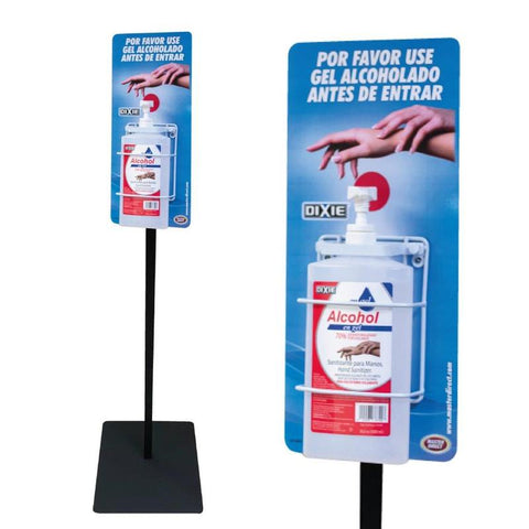 PEDESTAL DE PISO PARA BOTELLA OVAL 1 LITRO DE ALCOHOL EN GEL CON LEYENDA "USE ANTES DE ENTRAR".
