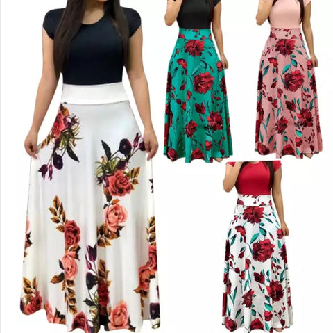 Tres (3) Vestidos de mujer de manga corta cuello redondo de retazos Vestidos de mujer con estampado Floral Vestidos de mujer largo Maxi vestido Casual