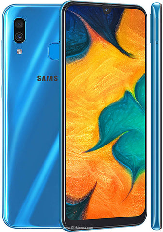 SAMSUNG, GALAXY A30, 32GB, 3GB RAM, MICROSD HASTA 512GB, 6.4", AZUL, SINGLE SIM, OCTACORE, CAMARA 16MP, SELFIE 16MP